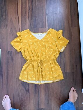Yellow Drawstring Waist Ruffle Sleeve Blouse - Unknown Brand